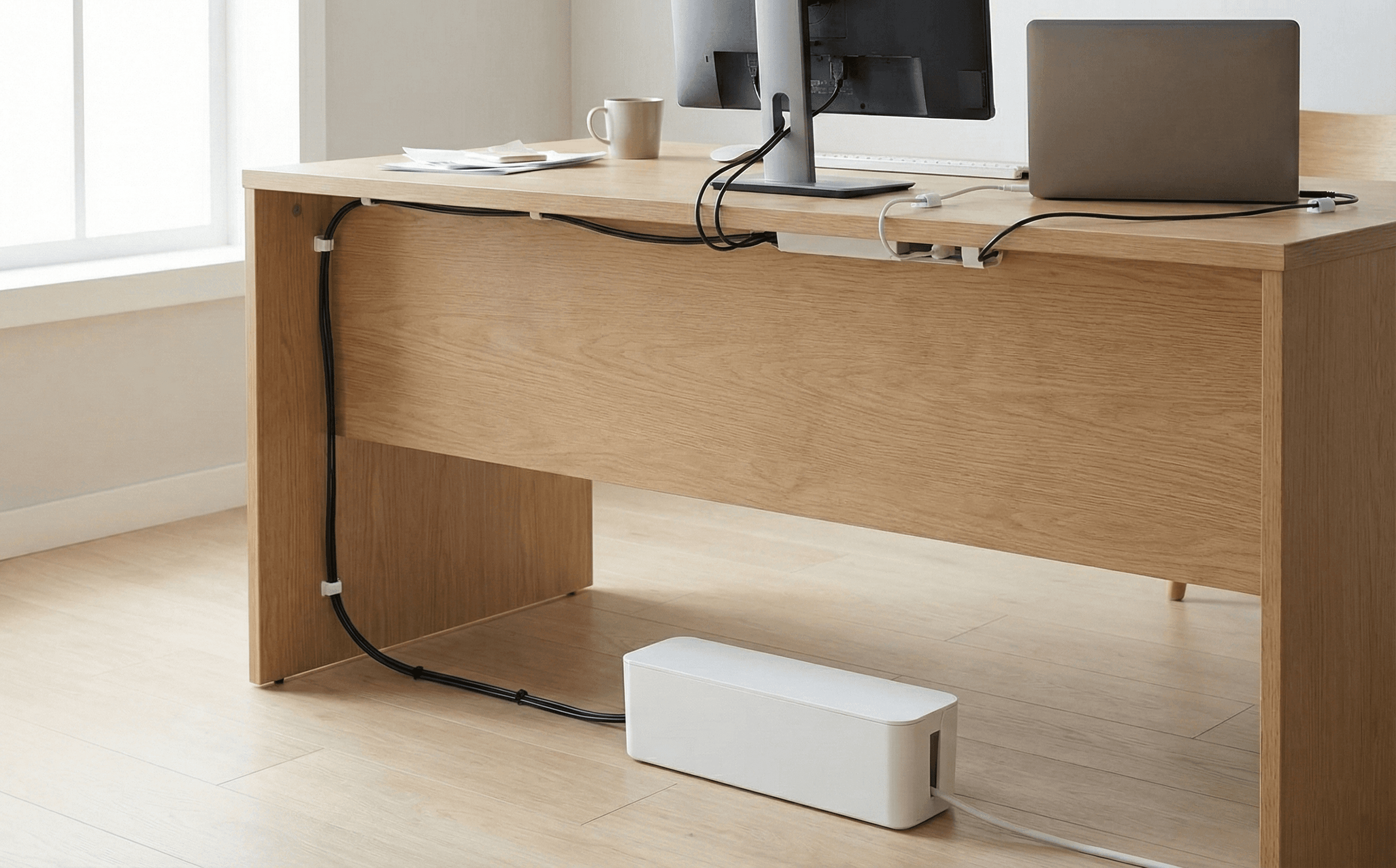 After: desk with cables hidden and organized under the desk