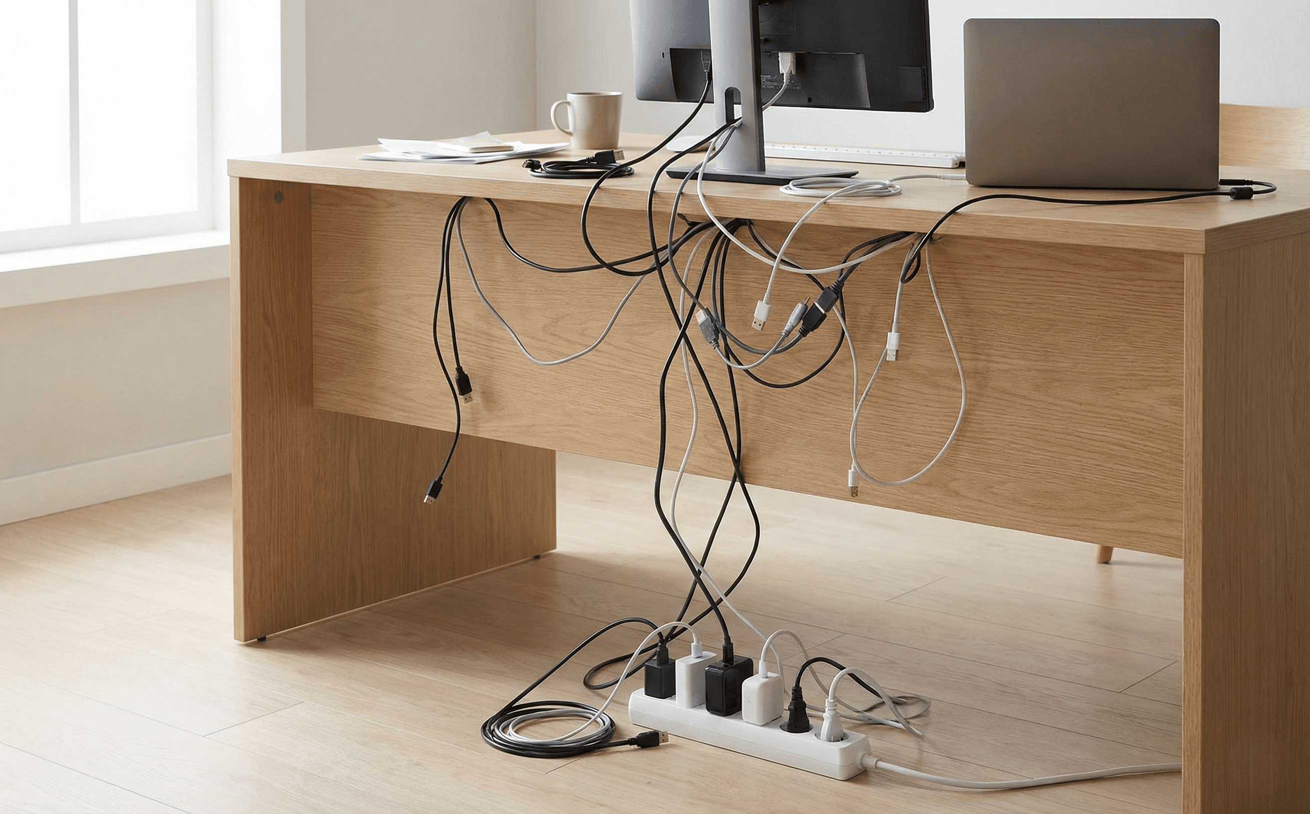Before: desk with messy cables and exposed power strip