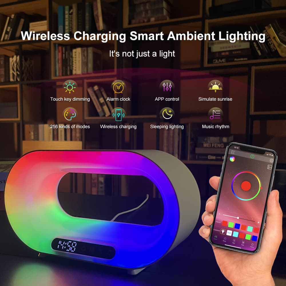 Multi-function 3 In 1 LED Night Light APP Control RGB Atmosphere Desk Lamp Smart Multifunctional Wireless Charger Alarm Clock thumbnail 2