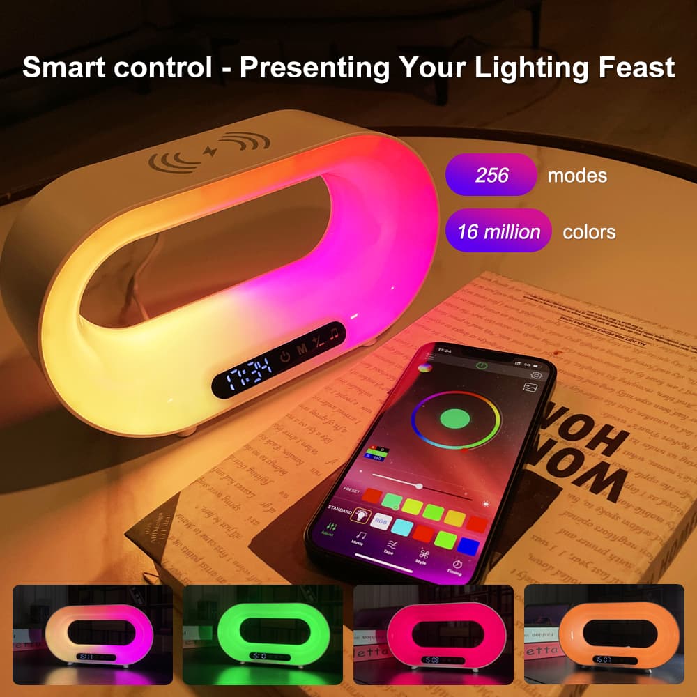 Multi-function 3 In 1 LED Night Light APP Control RGB Atmosphere Desk Lamp Smart Multifunctional Wireless Charger Alarm Clock thumbnail 3