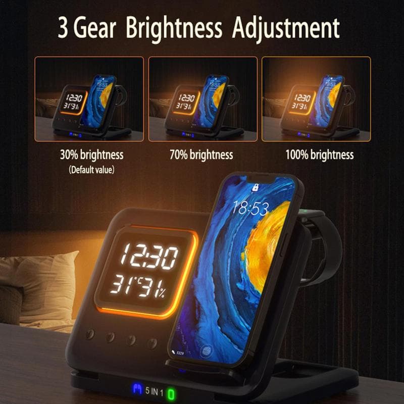 15W Wireless Chargers Stand 5 In1 LED Digital Alarm Clock Fast Charging Dock Station thumbnail 5