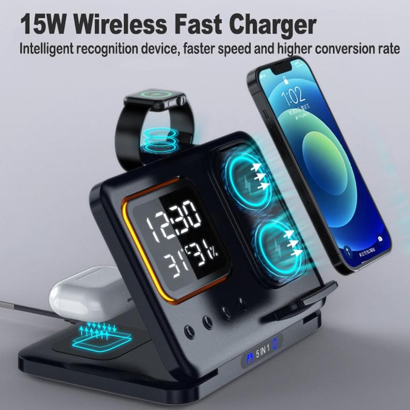 15W Wireless Chargers Stand 5 In1 LED Digital Alarm Clock Fast Charging Dock Station thumbnail 2